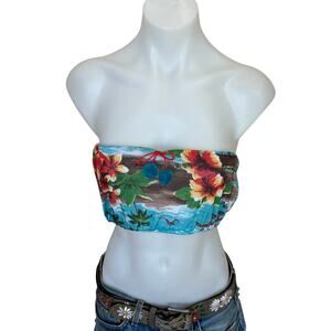 Hawaiian Cropped Bandeau XXS -SMALL Tropical One a Kind Upcycled PomPom